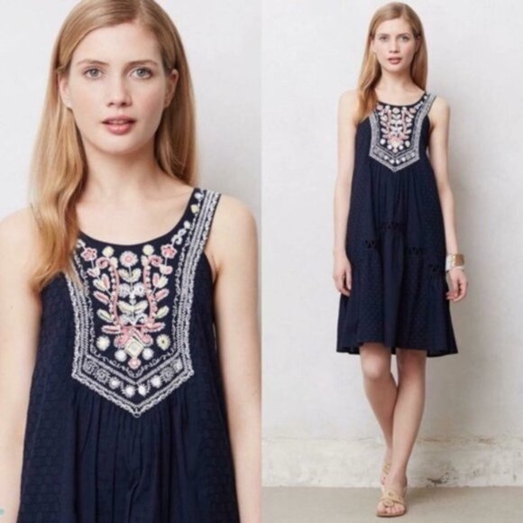 Maeve by Anthropologie Dresses & Skirts - Anthropologie (Maeve) Tisa Boho Embroidered Swing Dress Navy‎ Blue Size 4